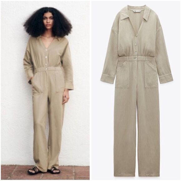 NWT LINEN BLEND LONG JUMPSUIT SAND L - Picture 1 of 6